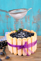 Tasty cake Charlotte with blueberries and sugar powder,