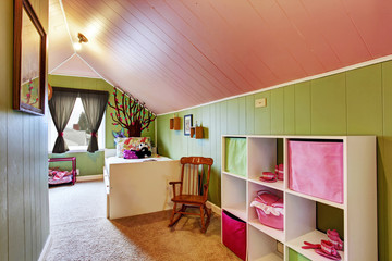 Kids room with green in pink color