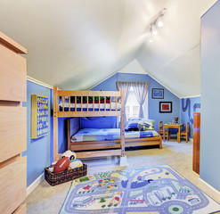 Bright blue kids room with bunk bed - obrazy, fototapety, plakaty