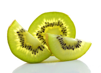 Whole kiwi fruit and his sliced segments isolated on white backg