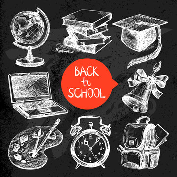 Hand drawn sketch education object set. Back to school vector