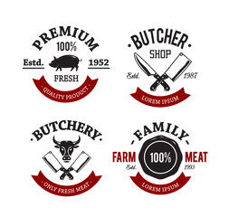 Vector set of vintage butchery meat shop emblems.