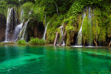 Waterfall and lake at Plitvice Lakes, Croatia.