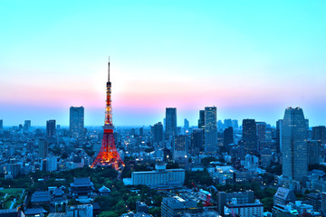top view of Tokyo cityscape at sunset
