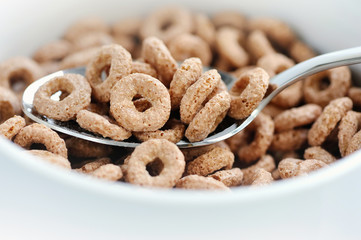 Chocolate cereal rings in bowl