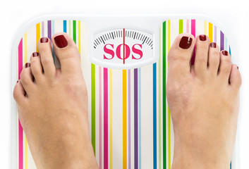 Feet on bathroom scale with word 
