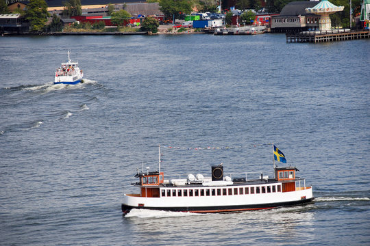 boats in water of Strommen Bay in Stockholm