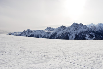 skiing zone on snow mountain in Dolomites, Italy