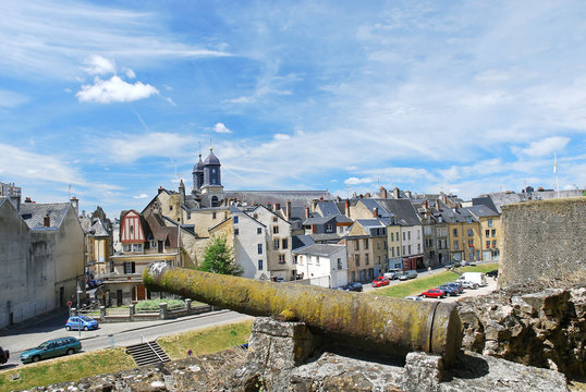 view of town Sedan from castle rampart, France