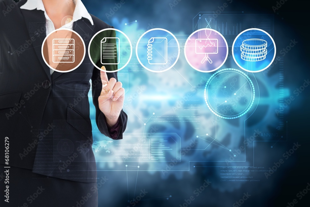 Poster composite image of businesswoman pointing at menu