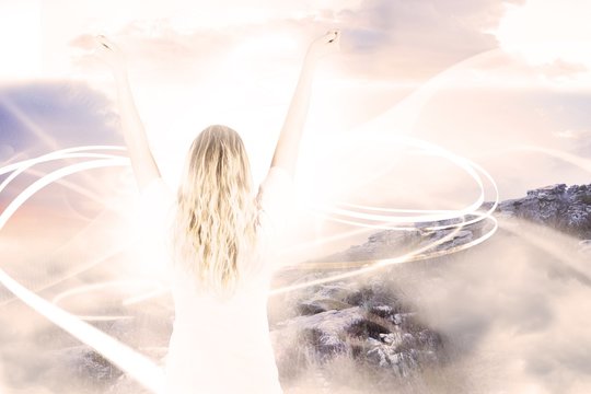 Composite image of pretty football fan in white cheering - Powered by Adobe