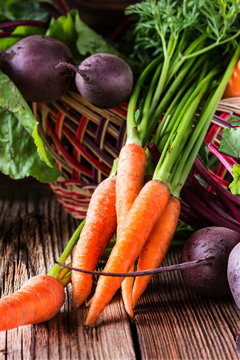 Fresh vegetables carrot, beetroot on  wooden background
