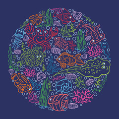 Doodle sea life circle composition
