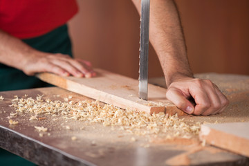 Fototapeta na wymiar Carpenter's Hands Cutting Wood With Bandsaw
