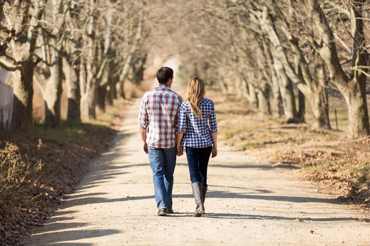 rear view of couple holding hands walking in autumn countryside