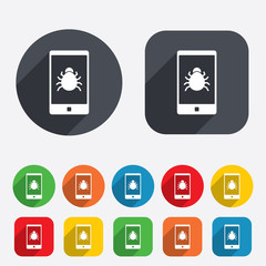 Smartphone virus sign icon. Software bug symbol.