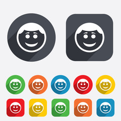 Smile face icon. Smiley with hairstyle symbol.