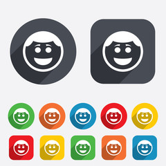 Smile face icon. Smiley with hairstyle symbol.