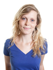 Portrait of a smiling scandinavian woman in a blue shirt