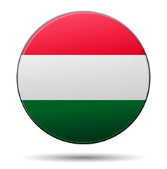 Hungary flag button with reflection and shadow. Isolated.