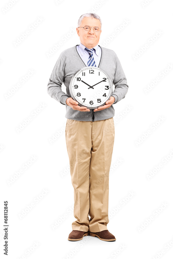 Canvas Prints Senior gentleman holding a big wall clock