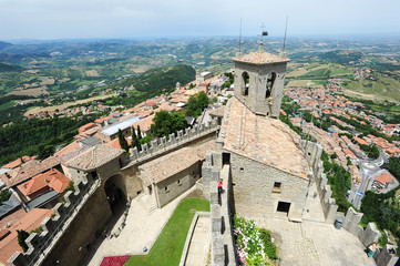 Tourists visiting La Rocca fortless on Borgo Maggiore, San Marin