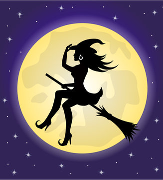 witch on a broomstick on the background of the moon