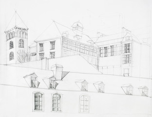 architectural perspective of old mansion