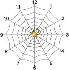 Simple spider web clock face with golden spider in center