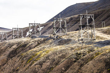 Aerial coal mining towers, Longyearbyen, Svalbard, Norway