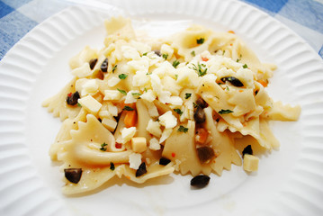 Close Up of Bowtie Pasta with Crumbles Asiago Cheese