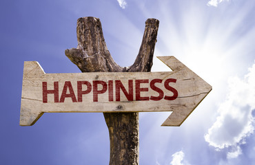 Happiness wooden sign on a beautiful day