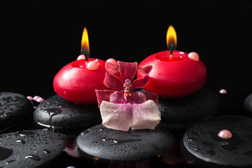 spa setting of red candles on zen stones with drops, orchid camb