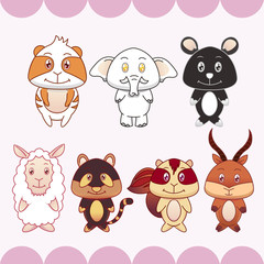 seven animals on pink background