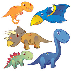 five dinosaurs on white background