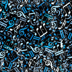 Blue musical notes seamless background with grunge texture.