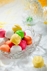 Fondant bonbons in crystal bowl