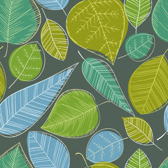 Beautiful spring leaves on dark background, seamless pattern.