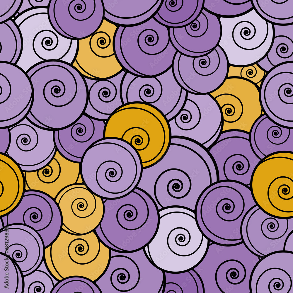 Poster violet and yellow curls seamless pattern.
