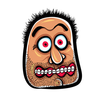 Shocked Cartoon Face With Stubble, Vector Illustration.