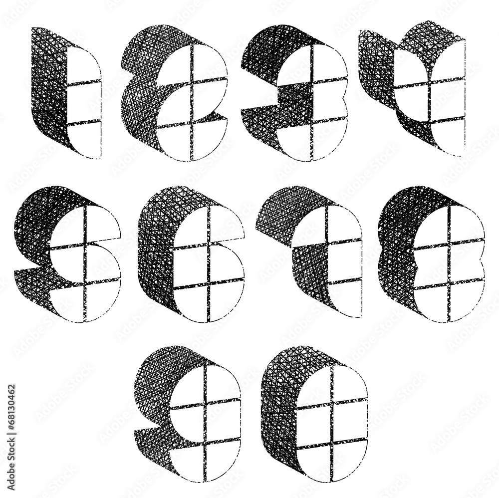 Fototapete futuristic shapes 3d numbers set with hand drawn lines texture.