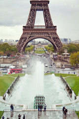 View on the Eiffel Tower and working fountains of Trocadero.