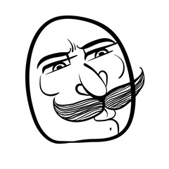 Funny cartoon face with mustaches, black and white lines vector