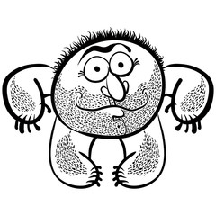 Funny cartoon monster with stubble, black and white lines vector