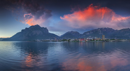 Colorful spring sunset in the Lecco Lake. Lecco