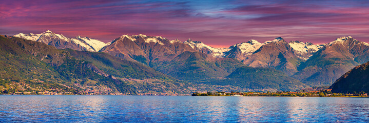 Obraz premium Panorama of the city Dervio at sunset