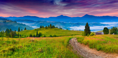 Colorful morning panorama of the Carpathian mountains.