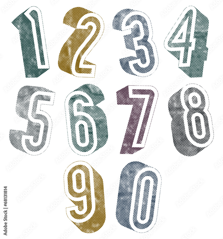 Aufkleber 3d numbers with halftone dots textures.