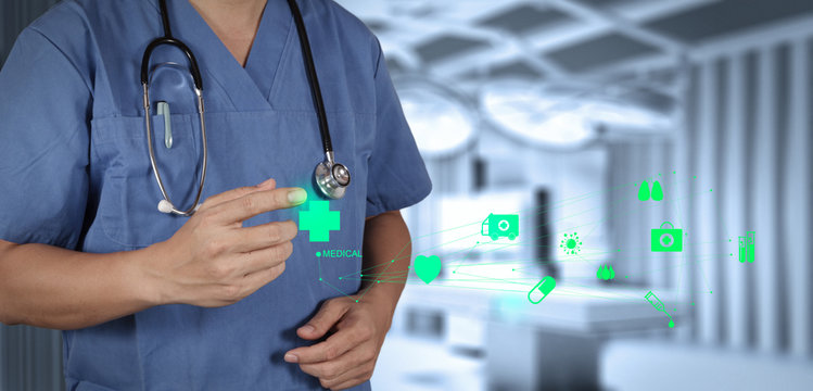 Medicine doctor hand working with modern computer interface