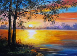 Papier Peint photo Brique paysage de peinture à l& 39 huile - arbre près du lac